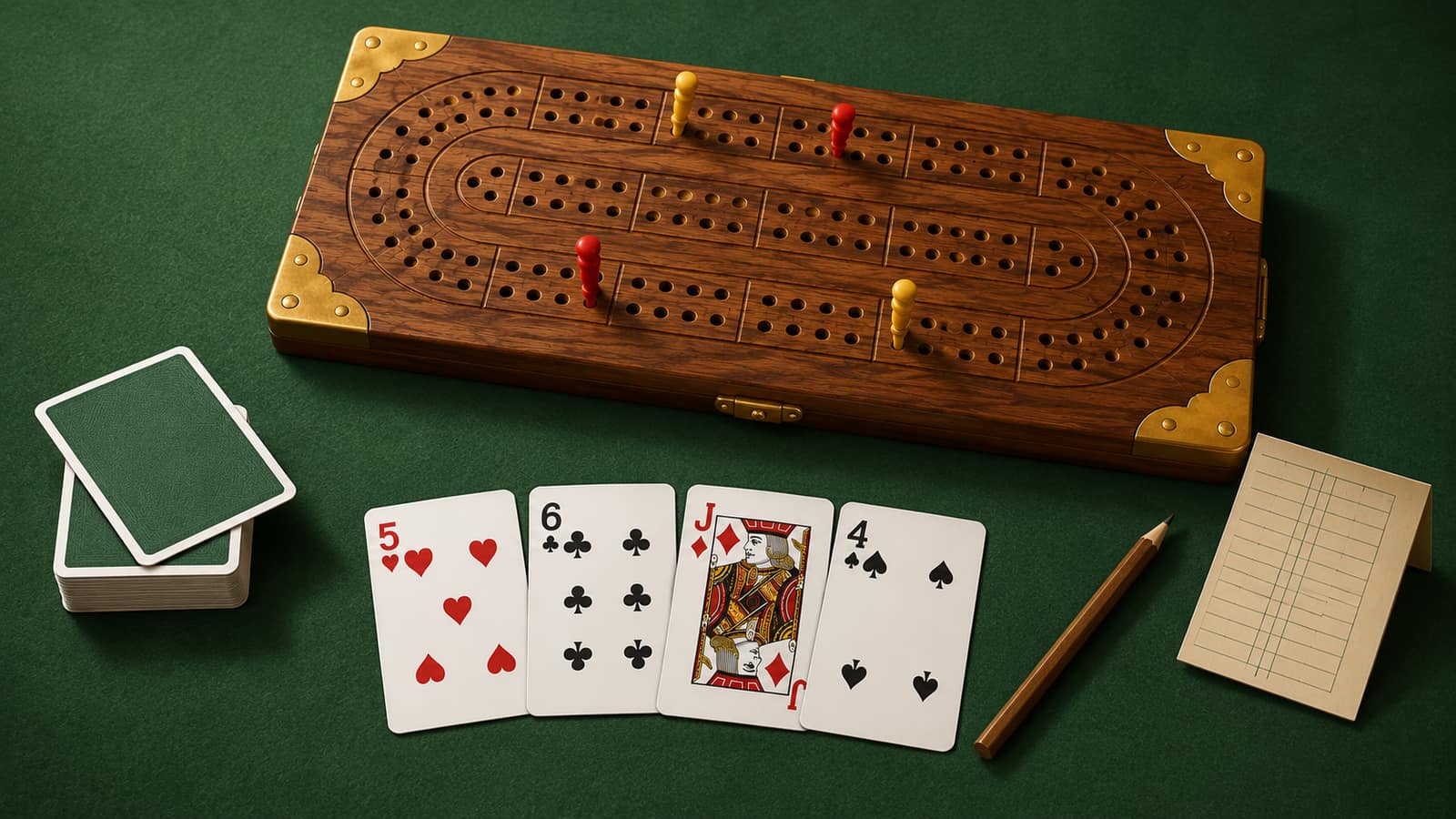 A walnut cribbage board with brass corners and four pegs mid-game on a green baize table, beside a hand of four cards — five of hearts, six of clubs, jack of diamonds and four of spades — a face-down deck, a pencil and a paper score sheet.