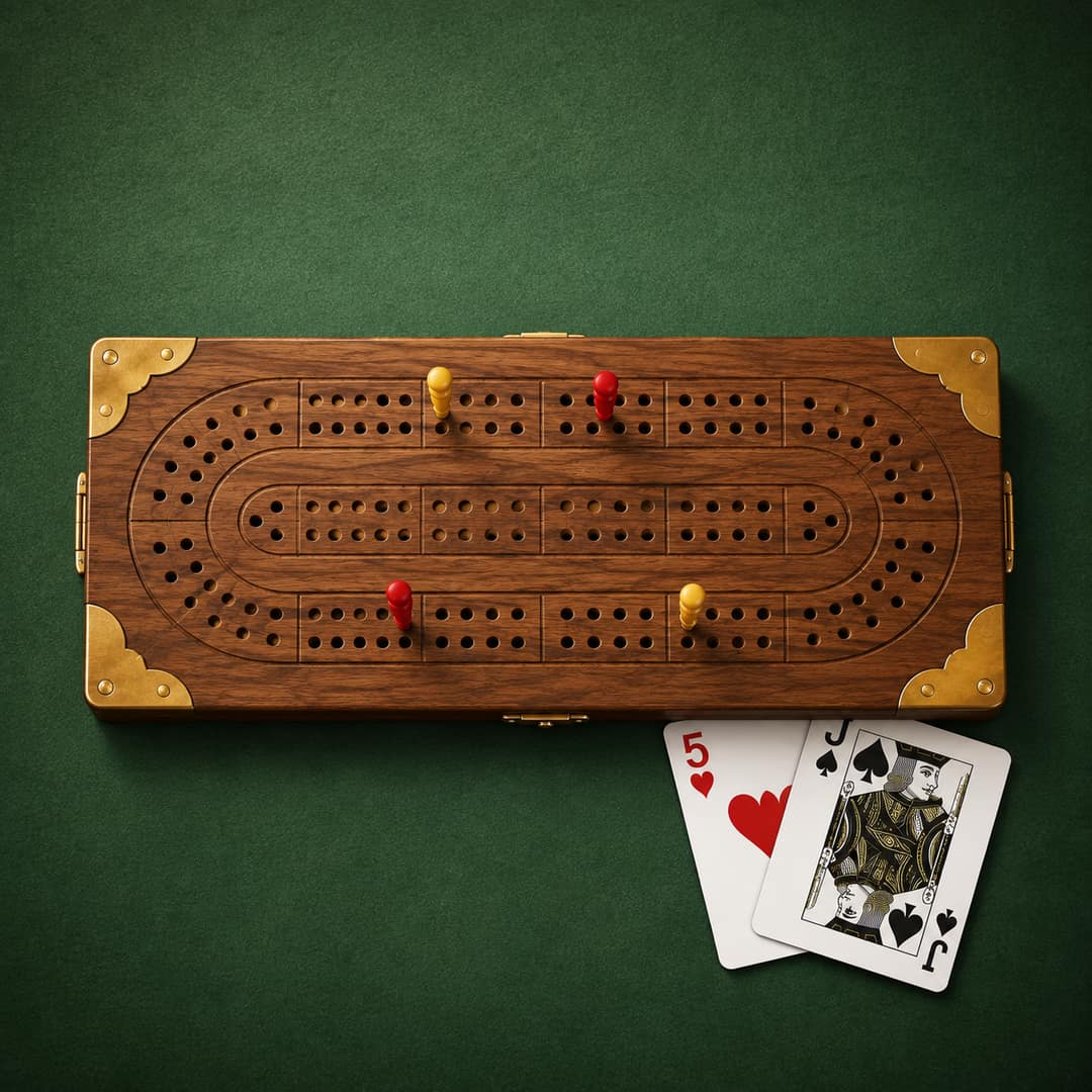 A walnut cribbage board seen from above on green felt, four pegs marking two scores mid-race, with the five of hearts and jack of spades tucked beside it.